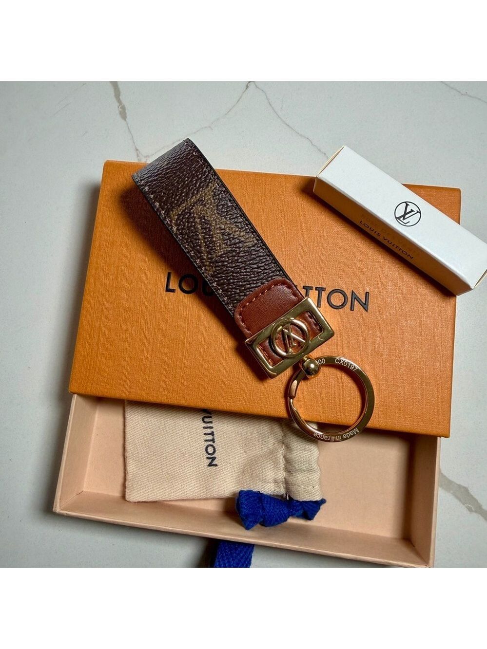 Louis Vuitton Monogram Brown and Tan Key Ring Strap with Gold Hardware